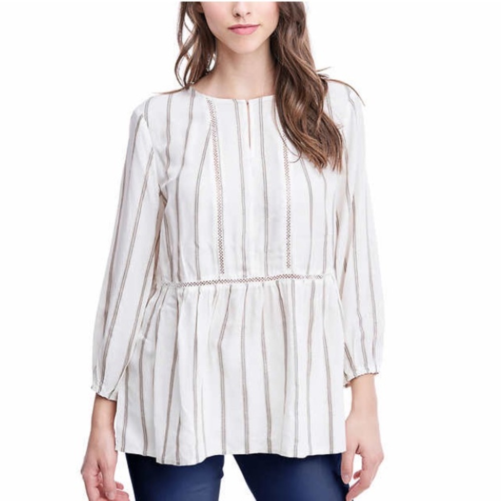 Fever Women’s 3/4 Sleeve Crotch Trim Detail Blouse Ivory Lightweight Stripes New